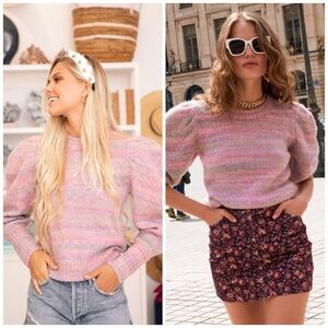 LoveShackFancy Aquarius Pullover Knit Sweater Crew Neck Long Puff Sleeve Pink